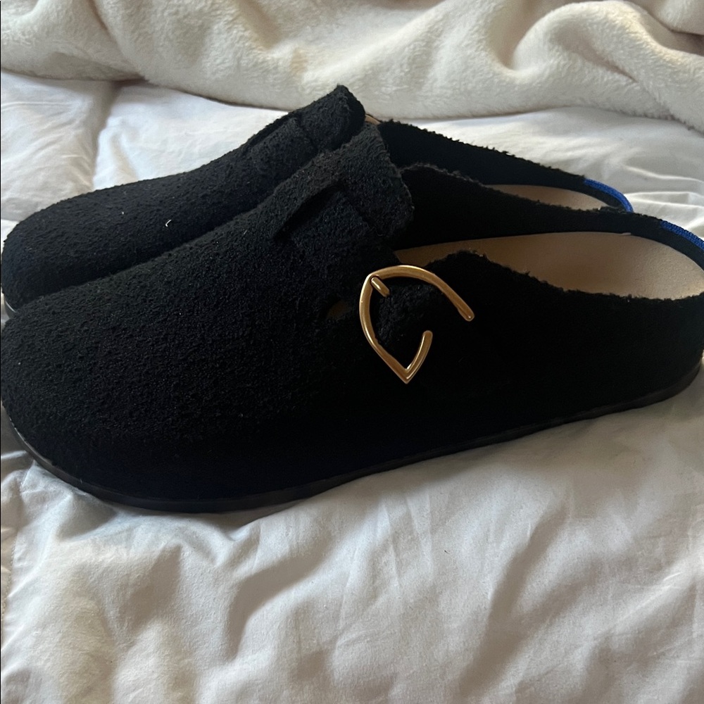 Black Suede Slip-On Clogs with Gold Buckle- Never Worn